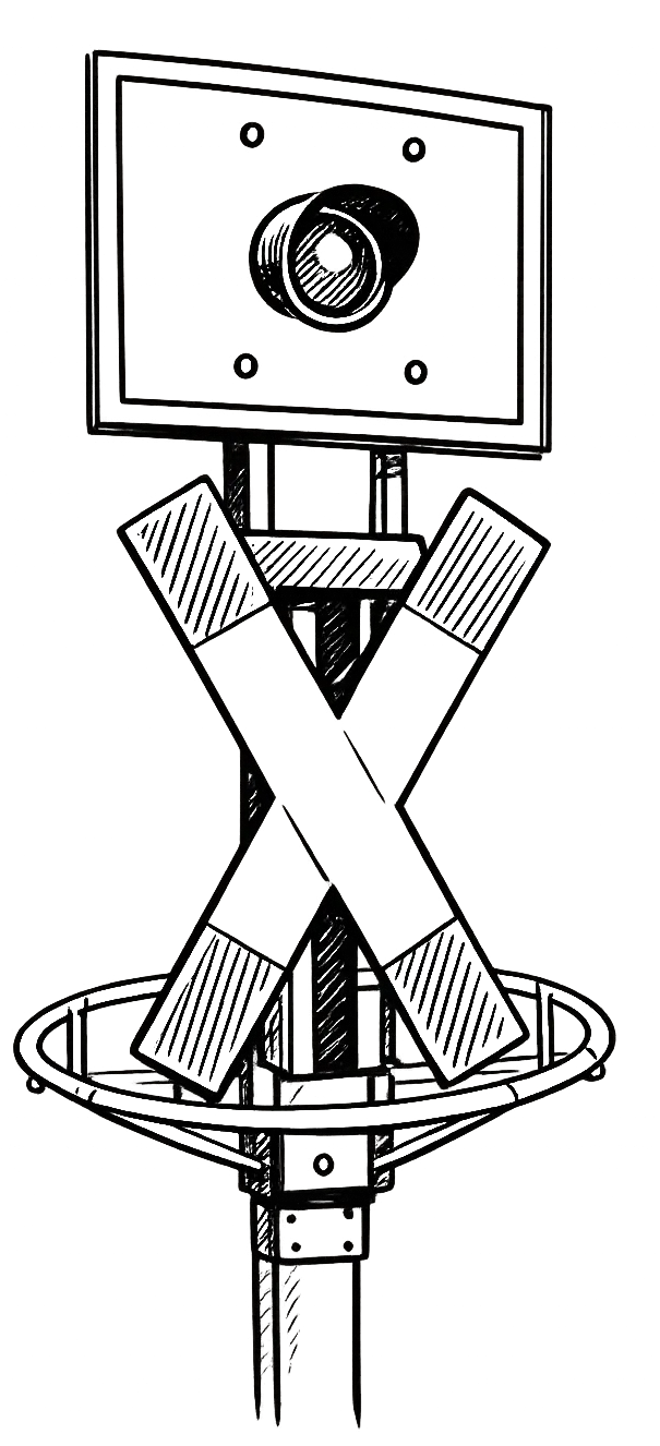 Schwarz-weiße Illustration des Sockels eines historischen Bahnsignals