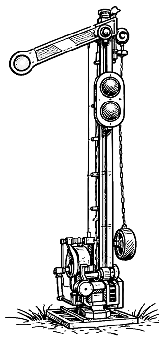 Schwarz-weiße Illustration eines historischen Eisenbahn-Formsignals